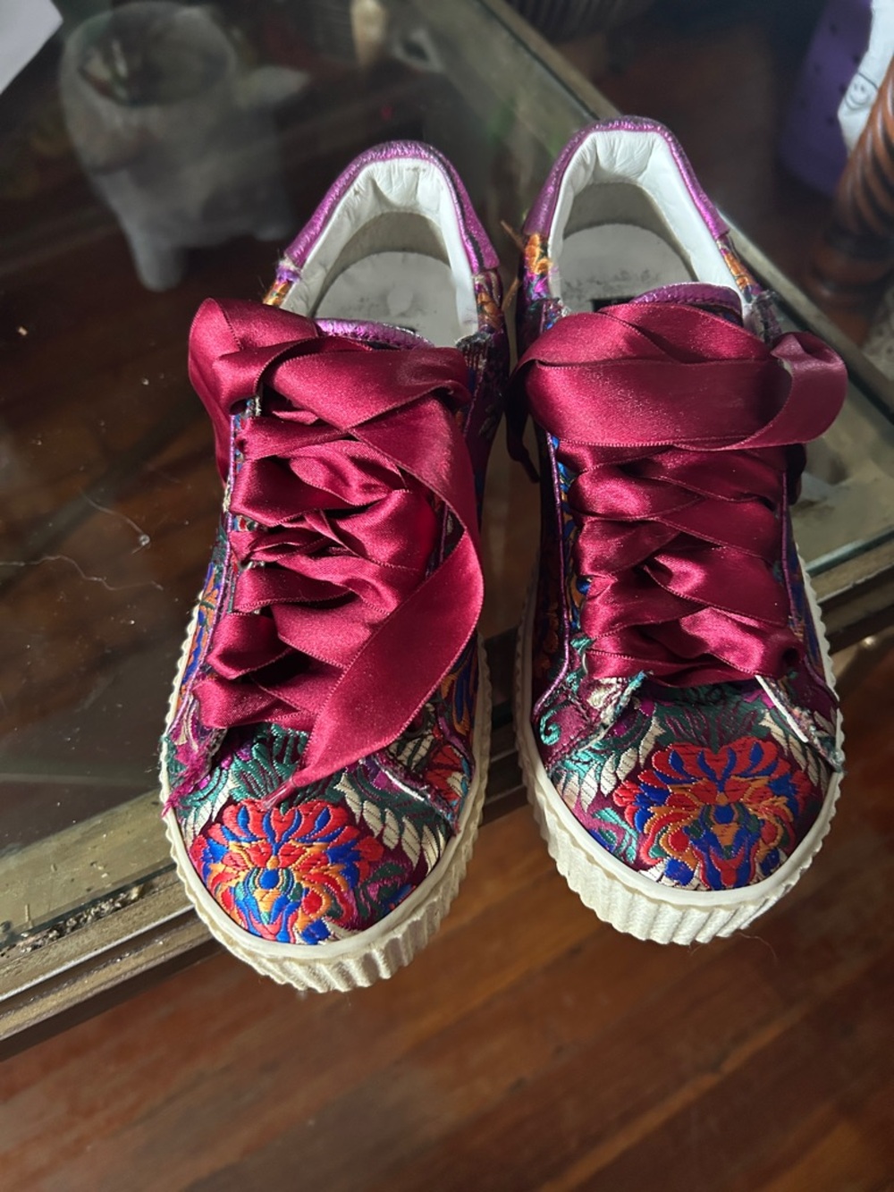 Steven By Steve Madden Floral Embroidered Sneakers with Burgundy Satin Laces